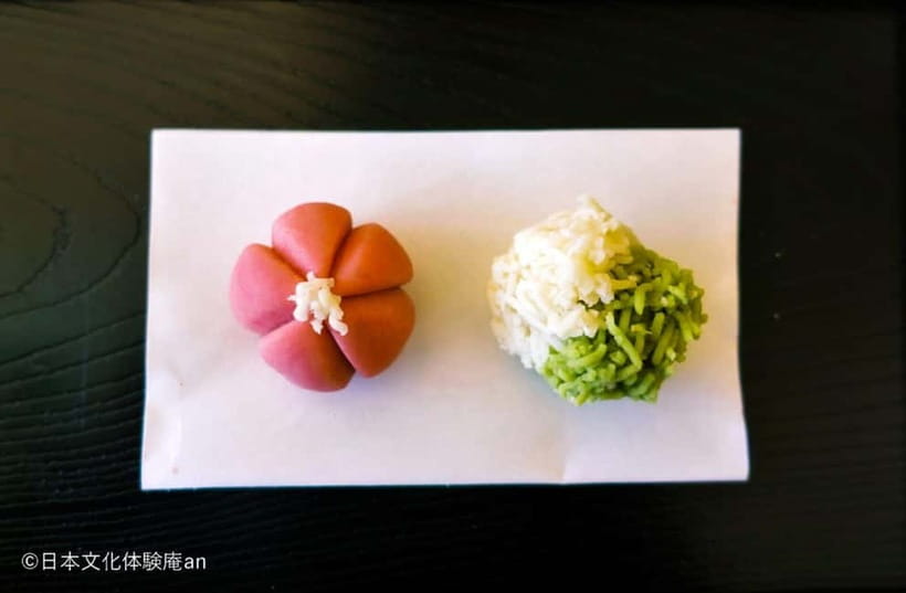 2 Types of Japanese Sweets making and Tea Ceremony - Nerikiri making: two seasonal sweets, flower shape and Kinton